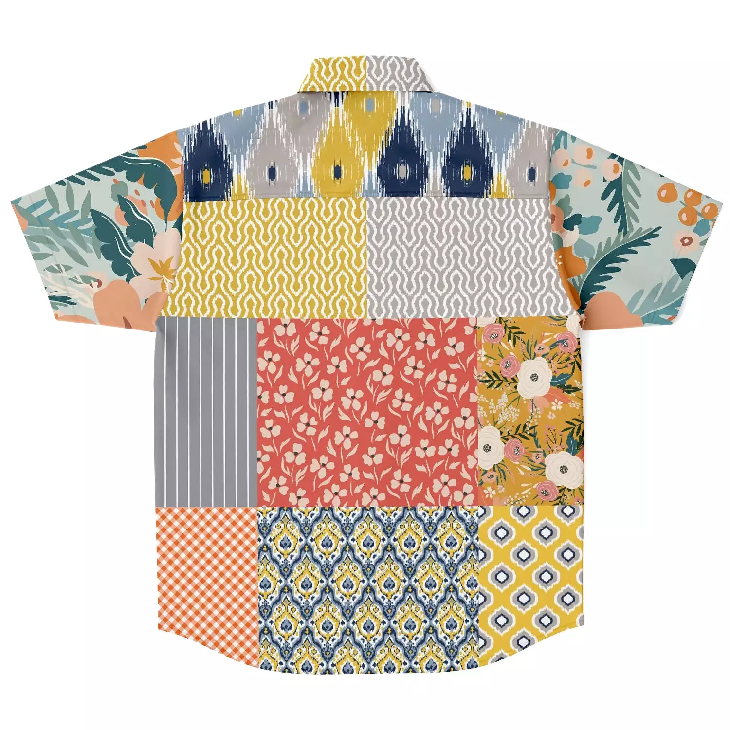 Tallulah Bankhead Floral Ikat Patchwork Short Sleeve Button Down Shirt