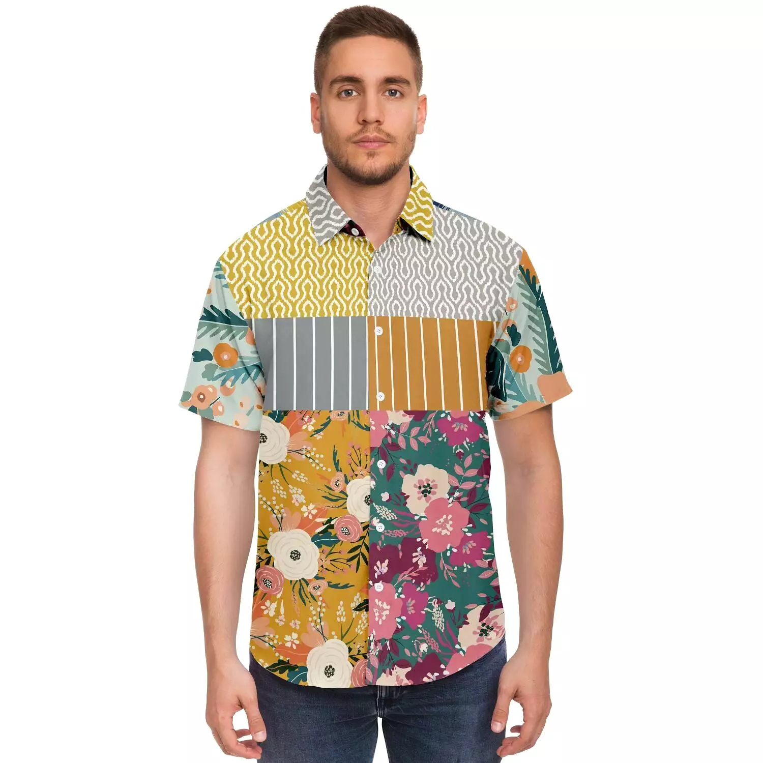 Tallulah Bankhead Floral Ikat Patchwork Short Sleeve Button Down Shirt