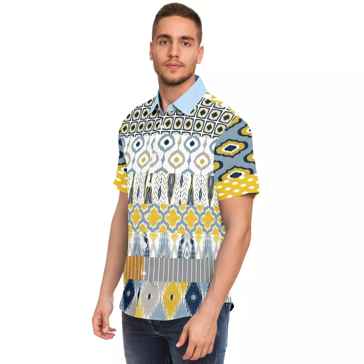 Tallulah Bankhead Yellow Ikat Patchwork Short Sleeve Button Down Shirt