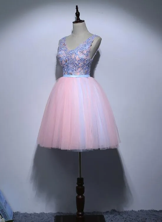 Tulle Cute Pink and Blue V-neckline Party Dresses, Homecoming Dresses