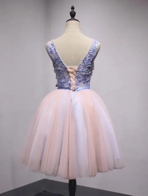 Tulle Cute Pink and Blue V-neckline Party Dresses, Homecoming Dresses