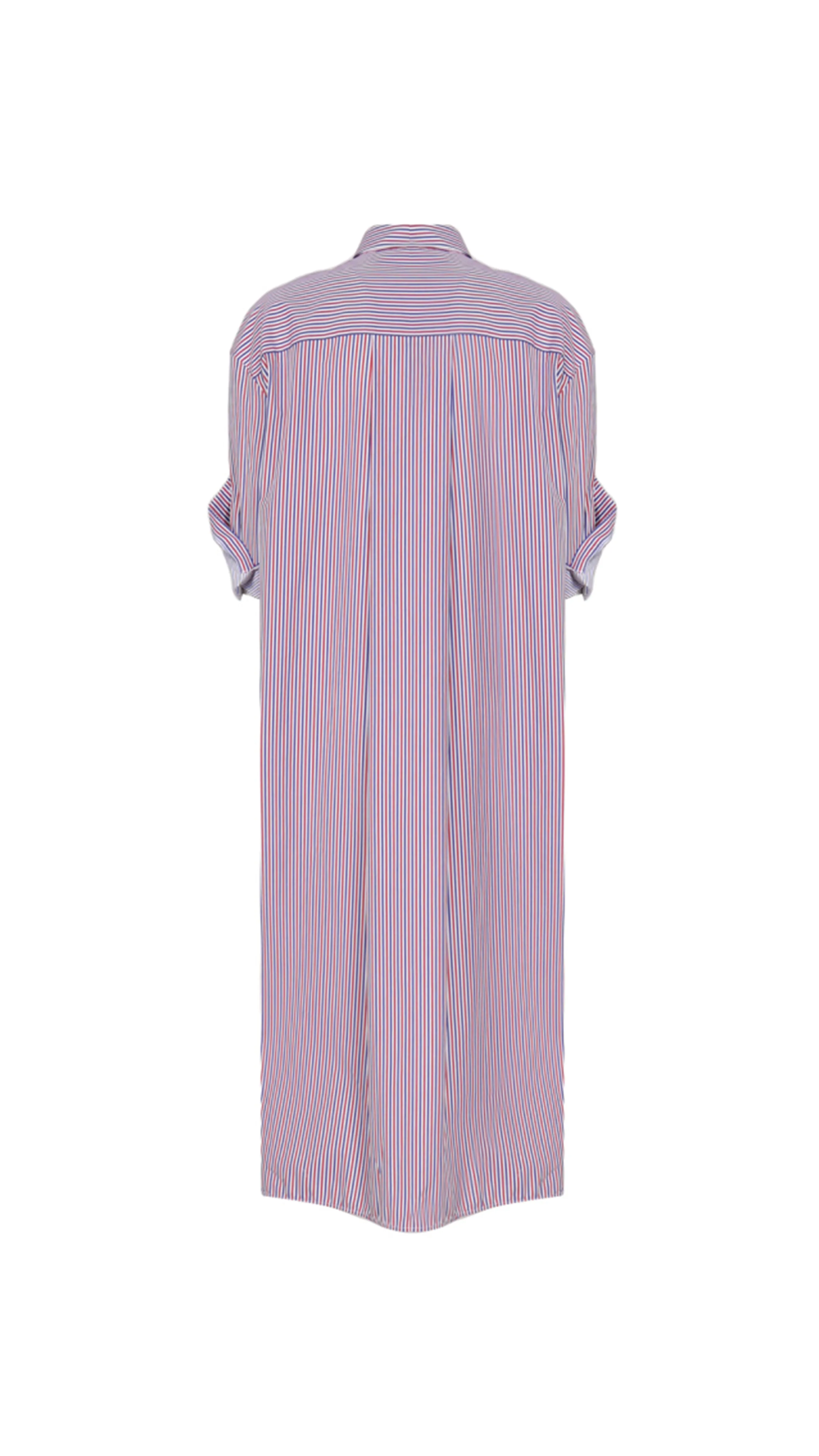 Turn-up Shirt Dress in Striped Cotton - Blue/Red/White