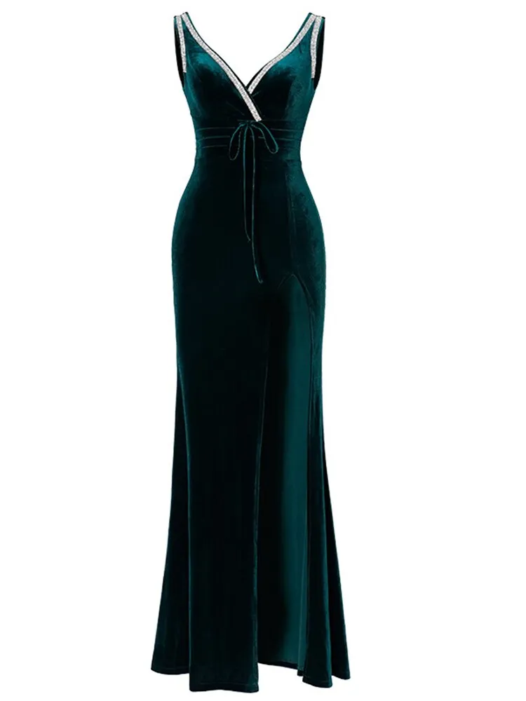 V Neck Sleeveless Club Dress Sexy Lady Long Party Dress Green Black Velour High Split Night Club Women Vestidoes Robe