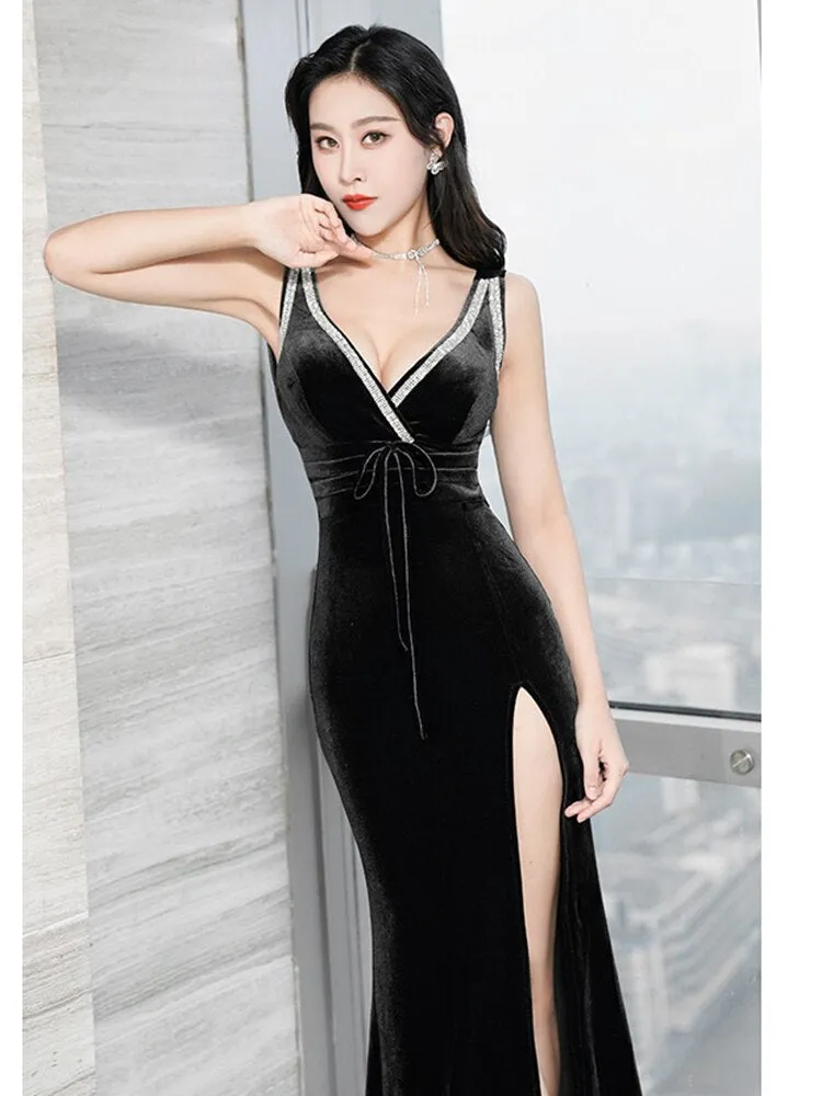 V Neck Sleeveless Club Dress Sexy Lady Long Party Dress Green Black Velour High Split Night Club Women Vestidoes Robe