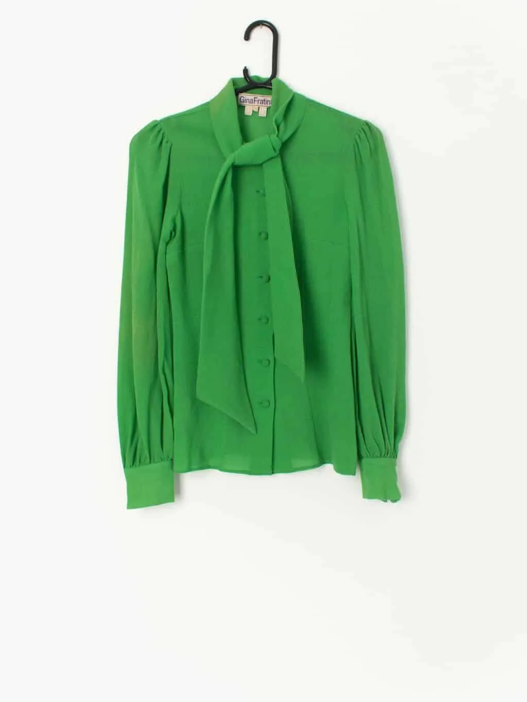 Vintage 70s Gina Fratini blouse with tie front collar in bright green – XXS