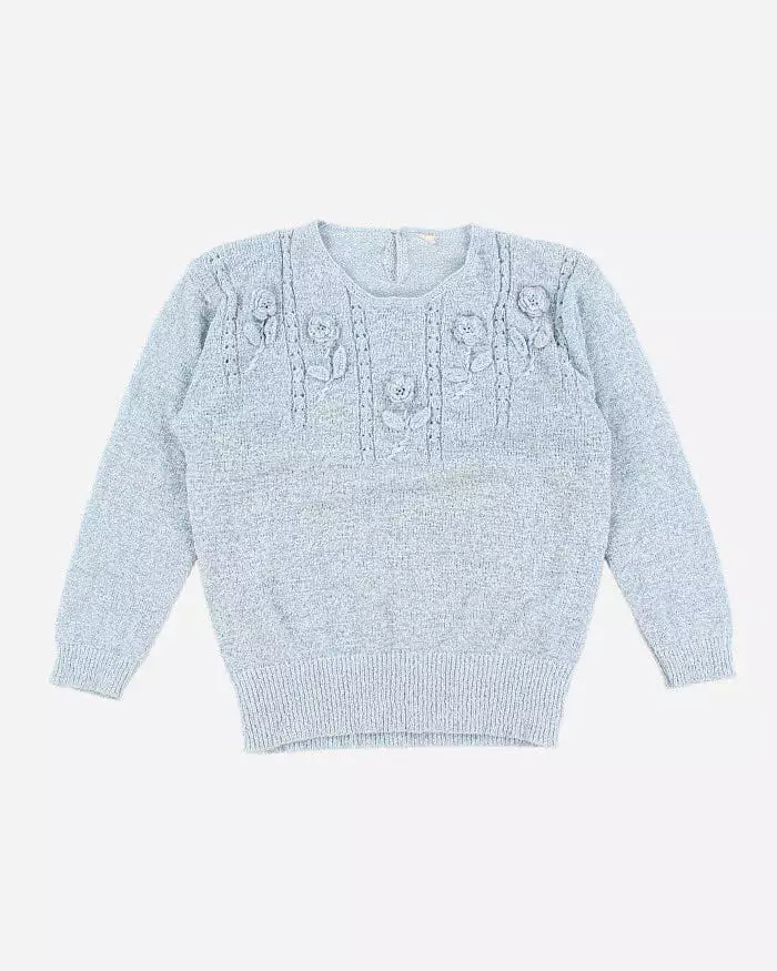 Vintage Woman's Baby Blue Rose embellished Knit Jumper - XS