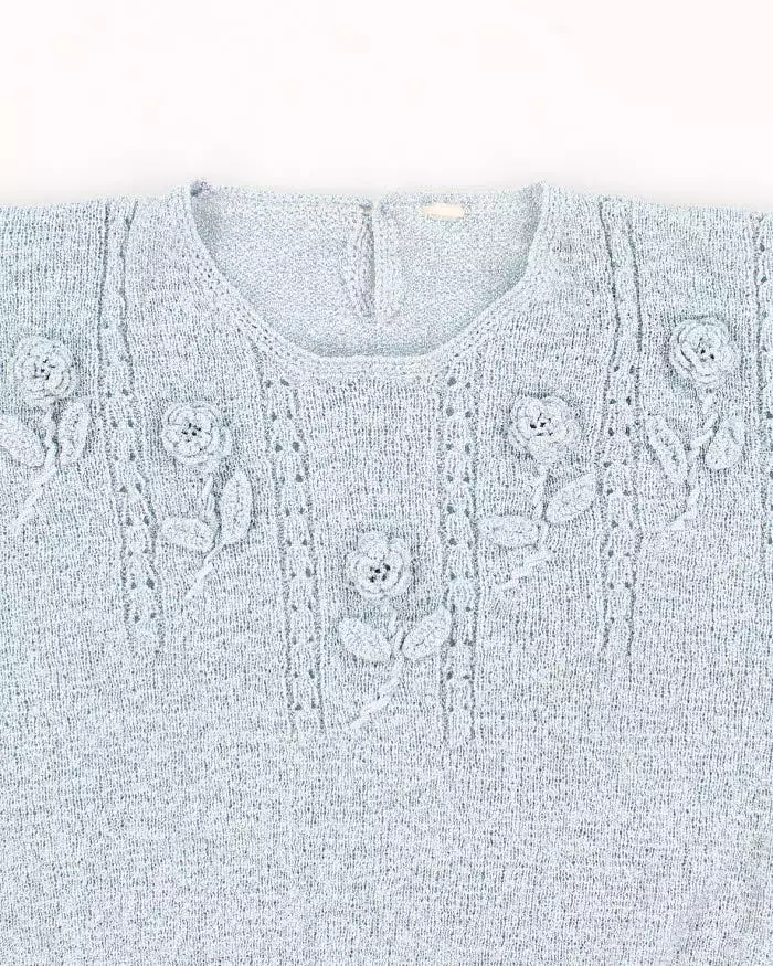 Vintage Woman's Baby Blue Rose embellished Knit Jumper - XS