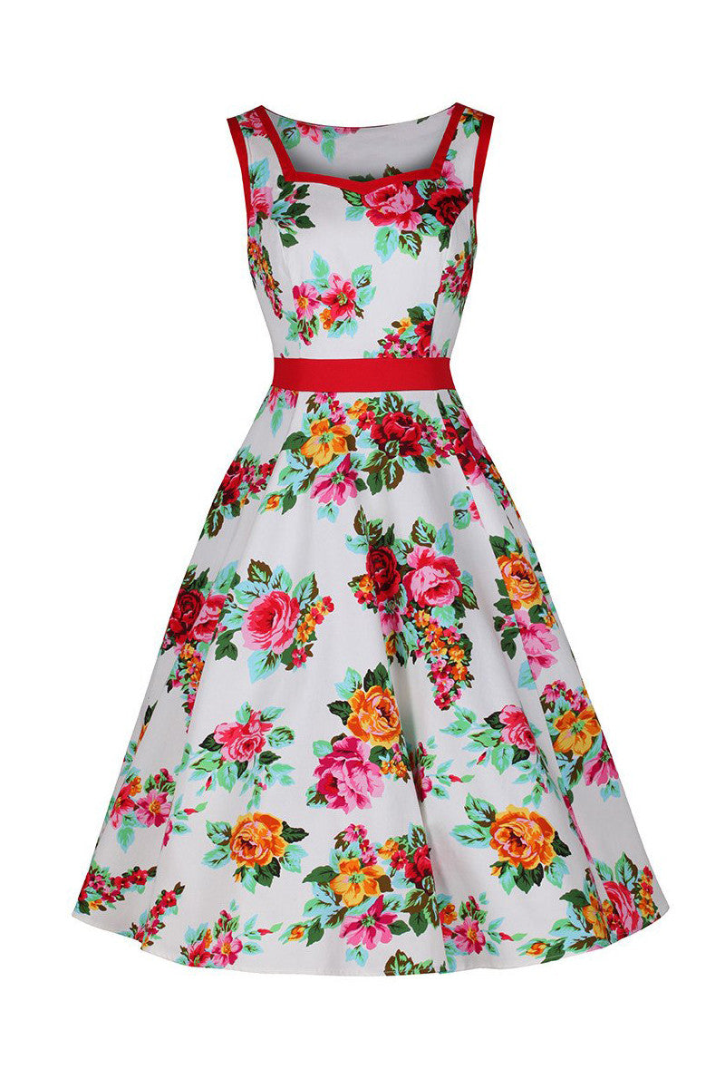 White and Multi Colour Floral Print Vintage 50s Swing Dress