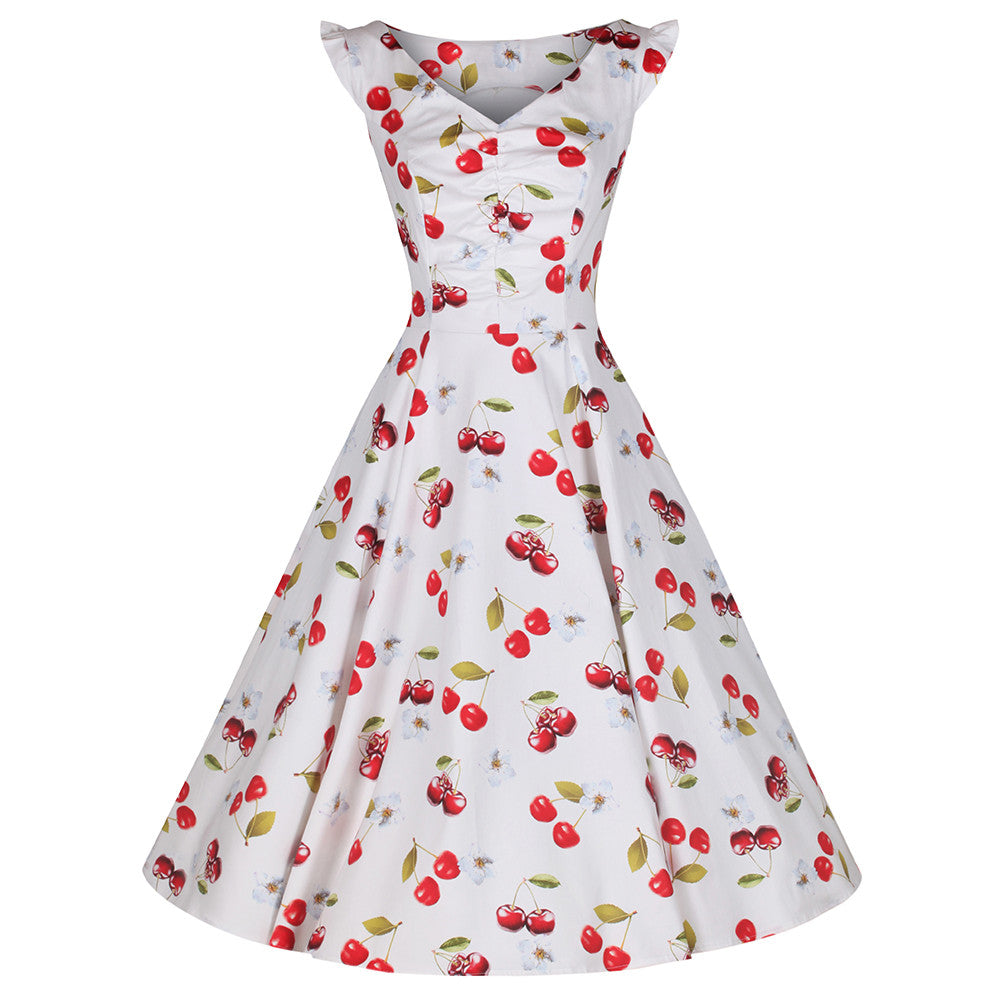 White and Red Cherry Print Rockabilly 50s Swing Dress