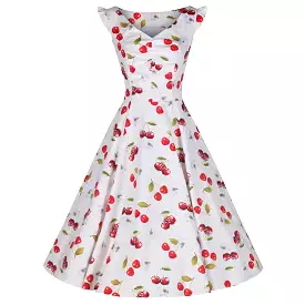 White and Red Cherry Print Rockabilly 50s Swing Dress