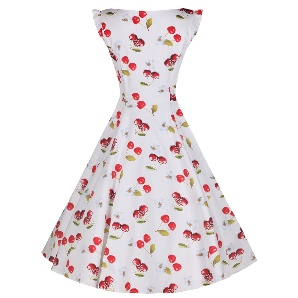 White and Red Cherry Print Rockabilly 50s Swing Dress