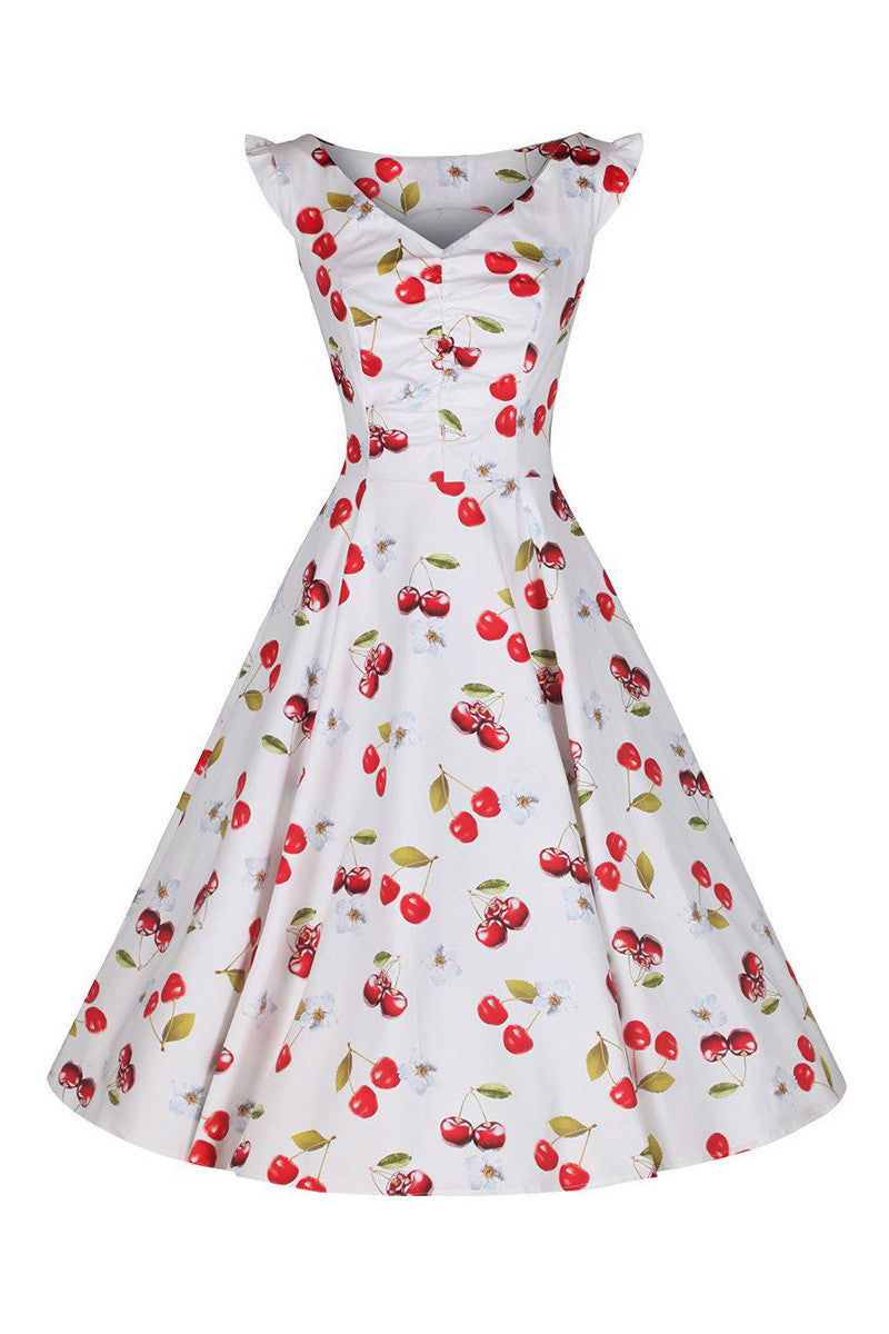 White and Red Cherry Print Rockabilly 50s Swing Dress