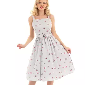 White Blue Grey Pin Stripe Floral Print Strappy Rockabilly 50s Swing Dress