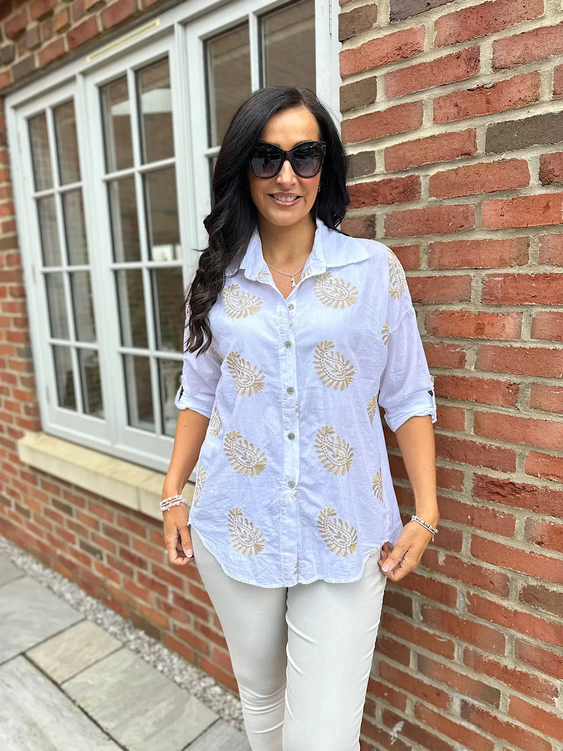 White Gold Shimmer Crochet Paisley Shirt Olivia