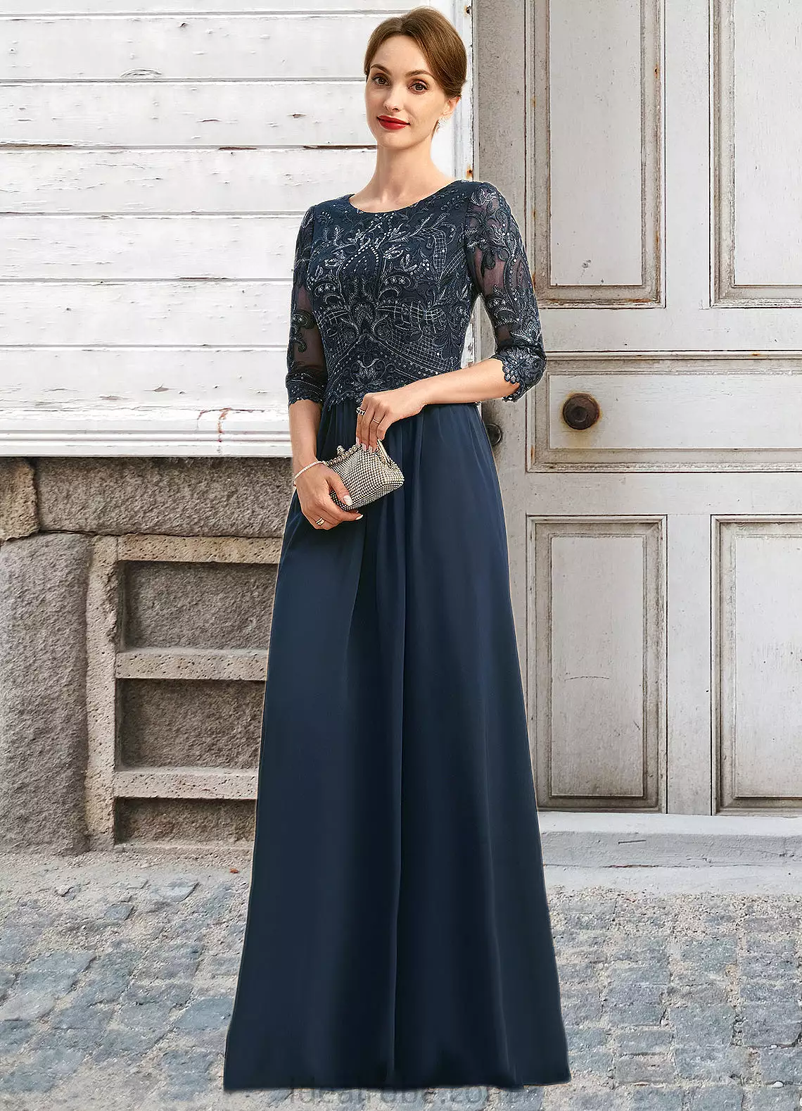 Willow A-line Scoop Floor-Length Chiffon Lace Mother of the Bride Dress With Sequins STKP0021651