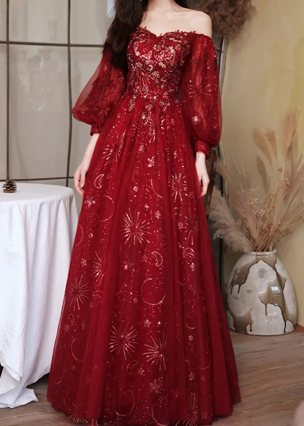 Wine Red Lace Applique Off Shoulder Party Dress, Dark Red Junior Prom Dress