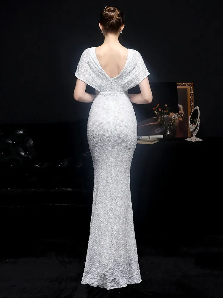 Women White Sequin Dress V Neck Beaded Party Dress Elegant Prom Dress