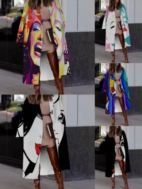 Women's Fashion Color Block Printing Placket Coat Woolen Coat