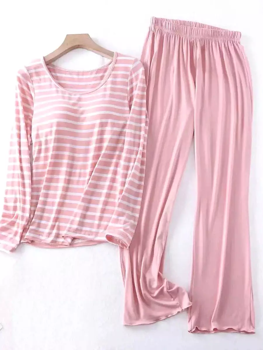 Women's Black and Pink Striped Loungewear Set with Kimono Cardigan in Premium Polyester