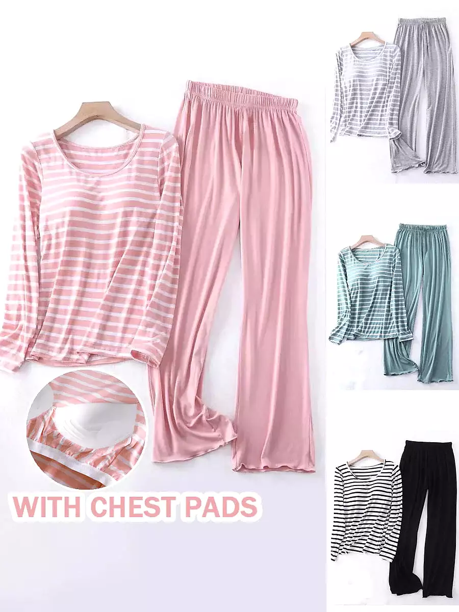 Women's Black and Pink Striped Loungewear Set with Kimono Cardigan in Premium Polyester