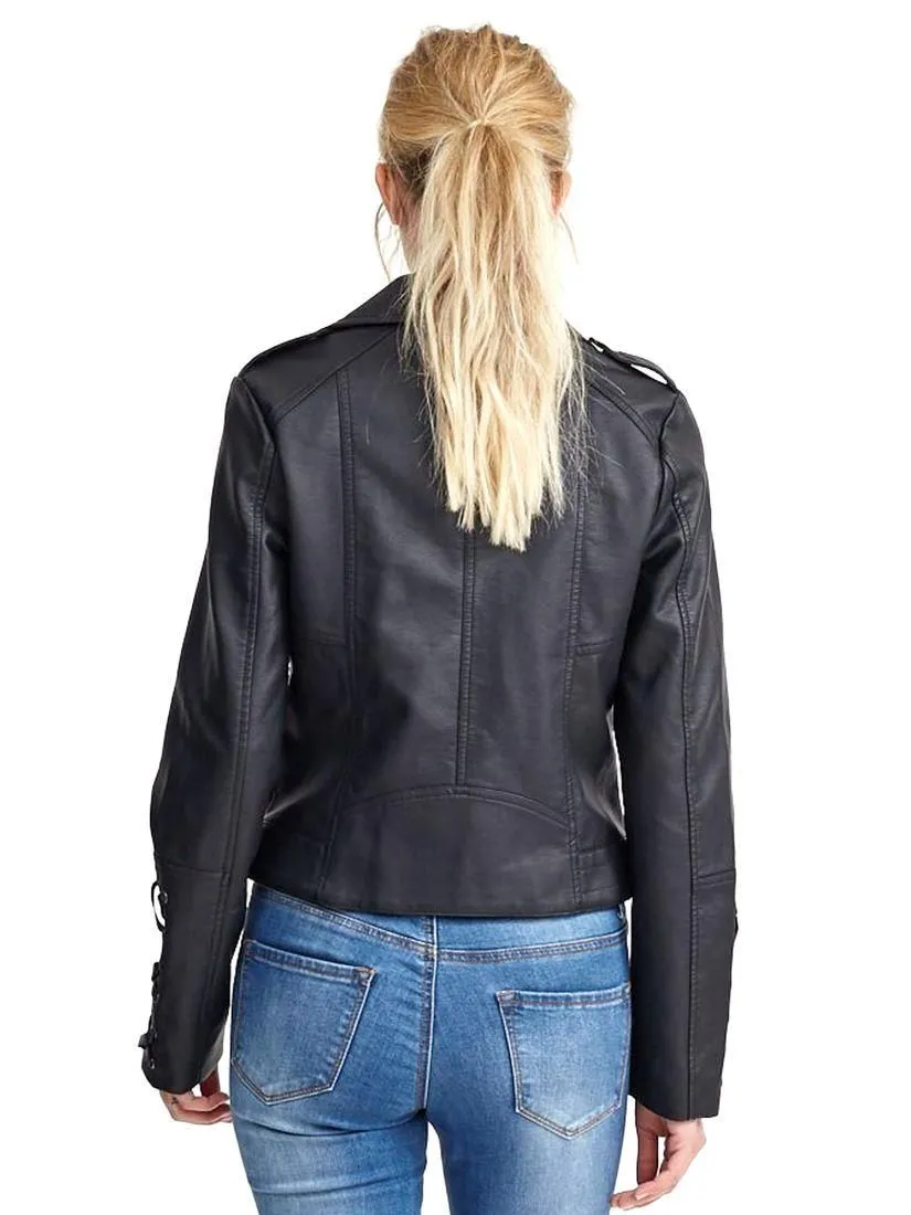 Womens Faux leather Biker Jacket with Lace Sleeves, Sizes 8 to 16