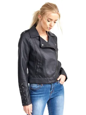 Womens Faux leather Biker Jacket with Lace Sleeves, Sizes 8 to 16