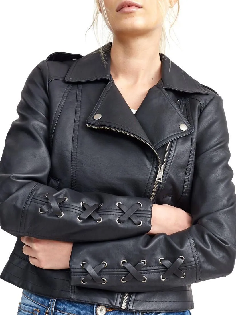 Womens Faux leather Biker Jacket with Lace Sleeves, Sizes 8 to 16