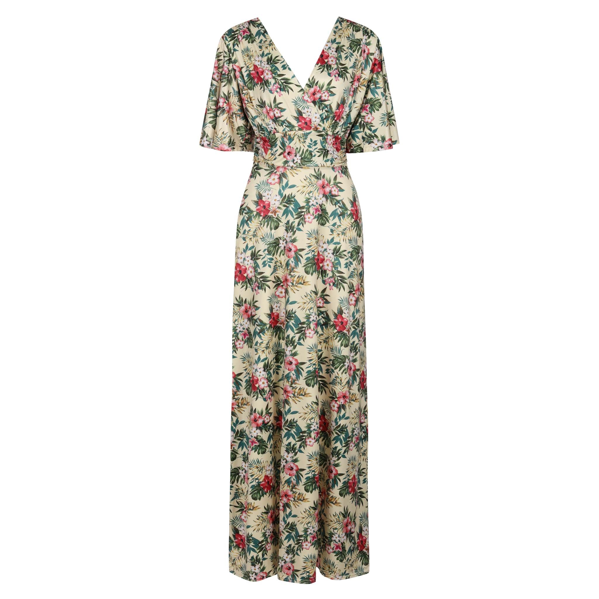 Yellow Hibiscus Floral Print Waterfall Sleeve Maxi Dress