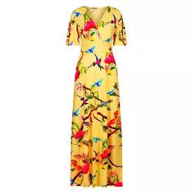 Yellow Tropical Bird & Floral Print Waterfall Sleeve Maxi Dress