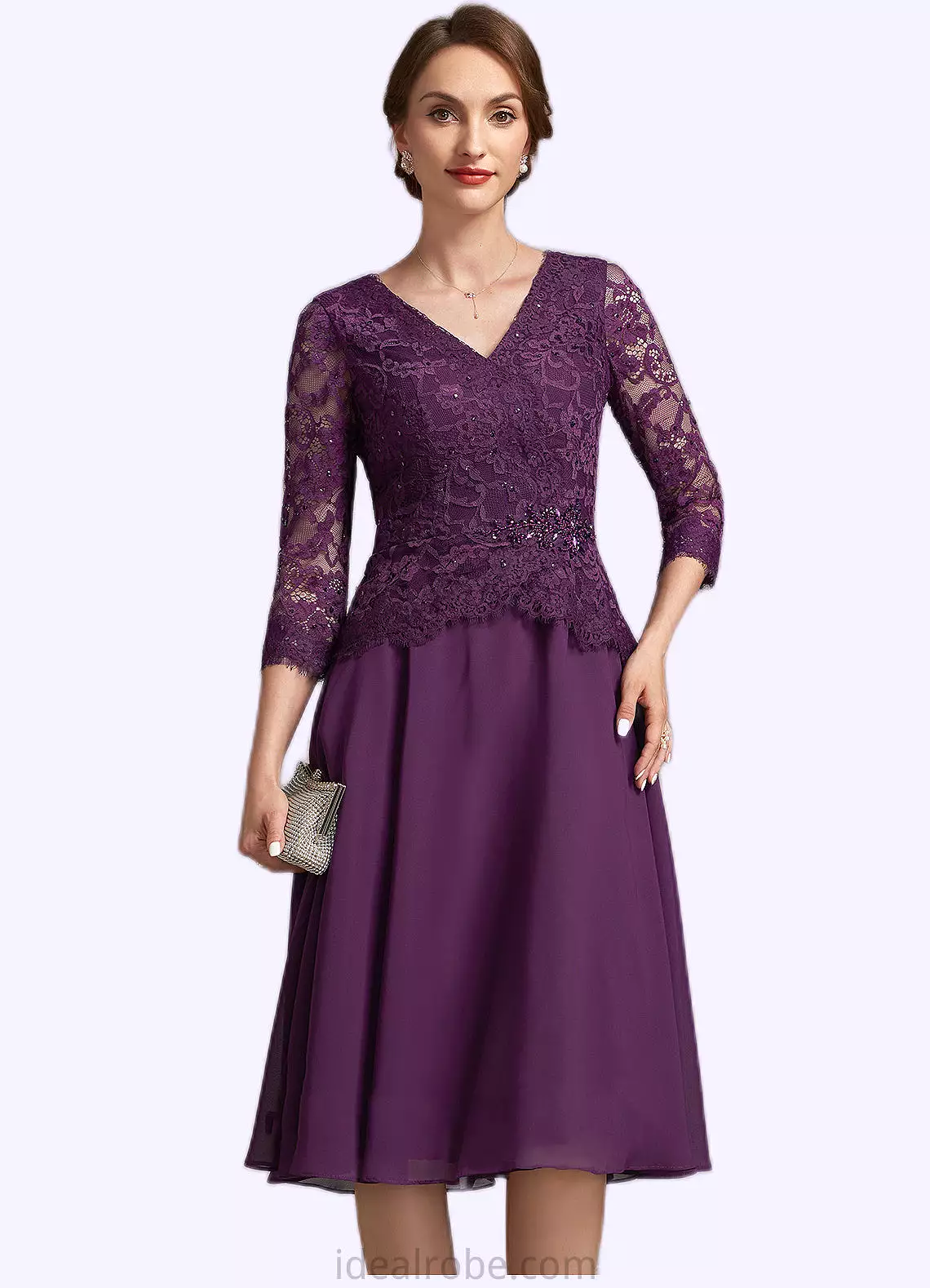 Zara A-Line V-neck Knee-Length Chiffon Lace Mother of the Bride Dress With Beading Sequins STK126P0015035