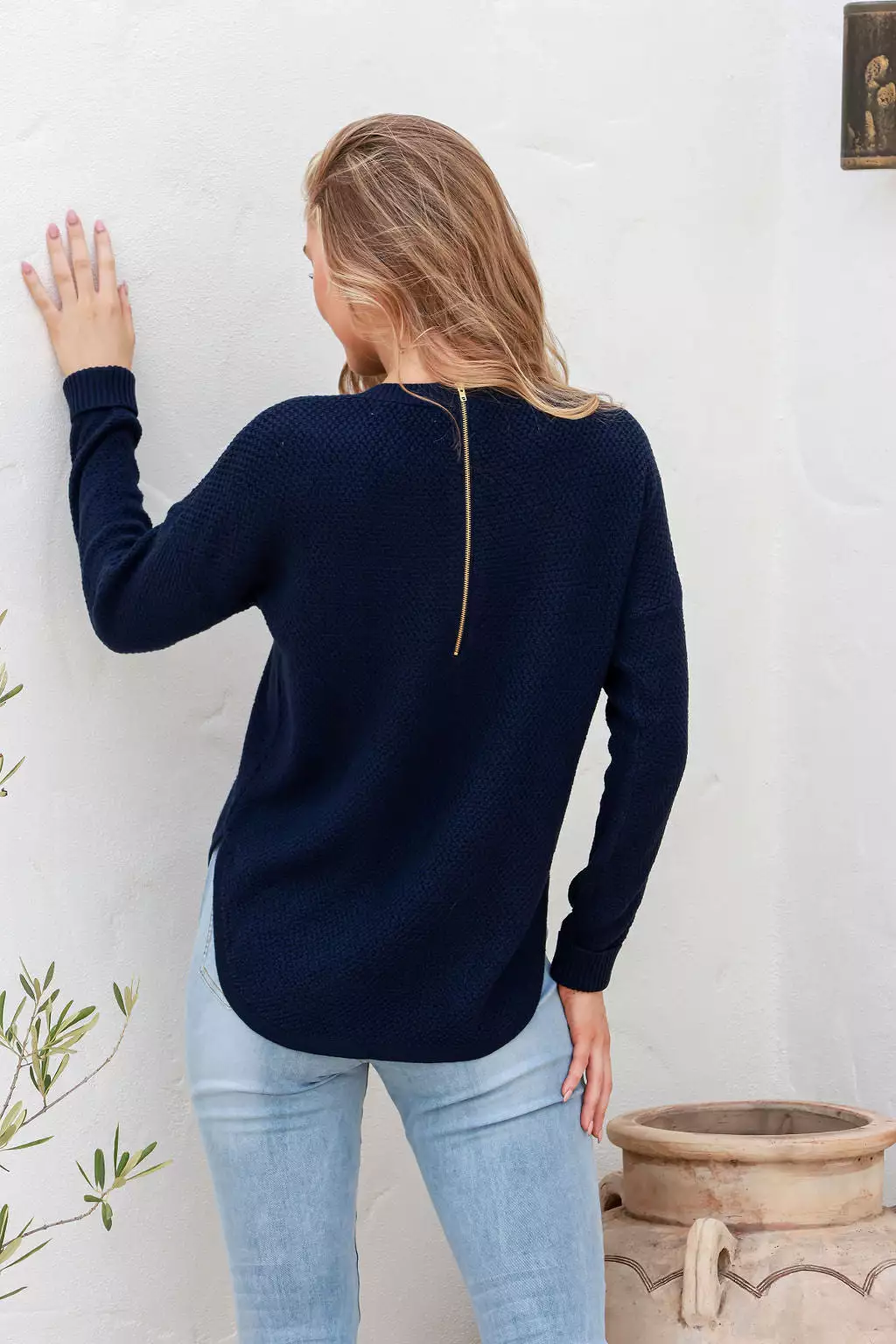 Zip Back Cotton Knit Jumper - Ink Navy